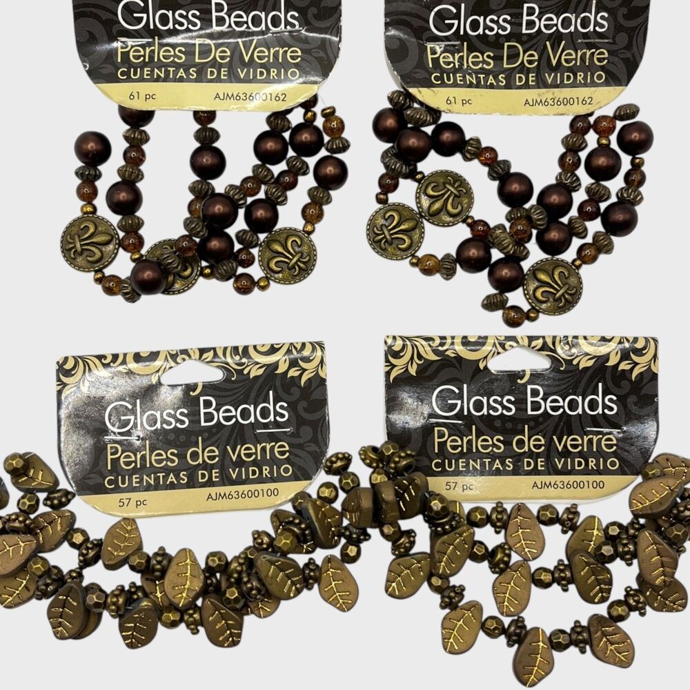 Lot Glass Beads Brown Bronze Leaves Fleur De Lis Metallic Jewelry Craft Antiqued